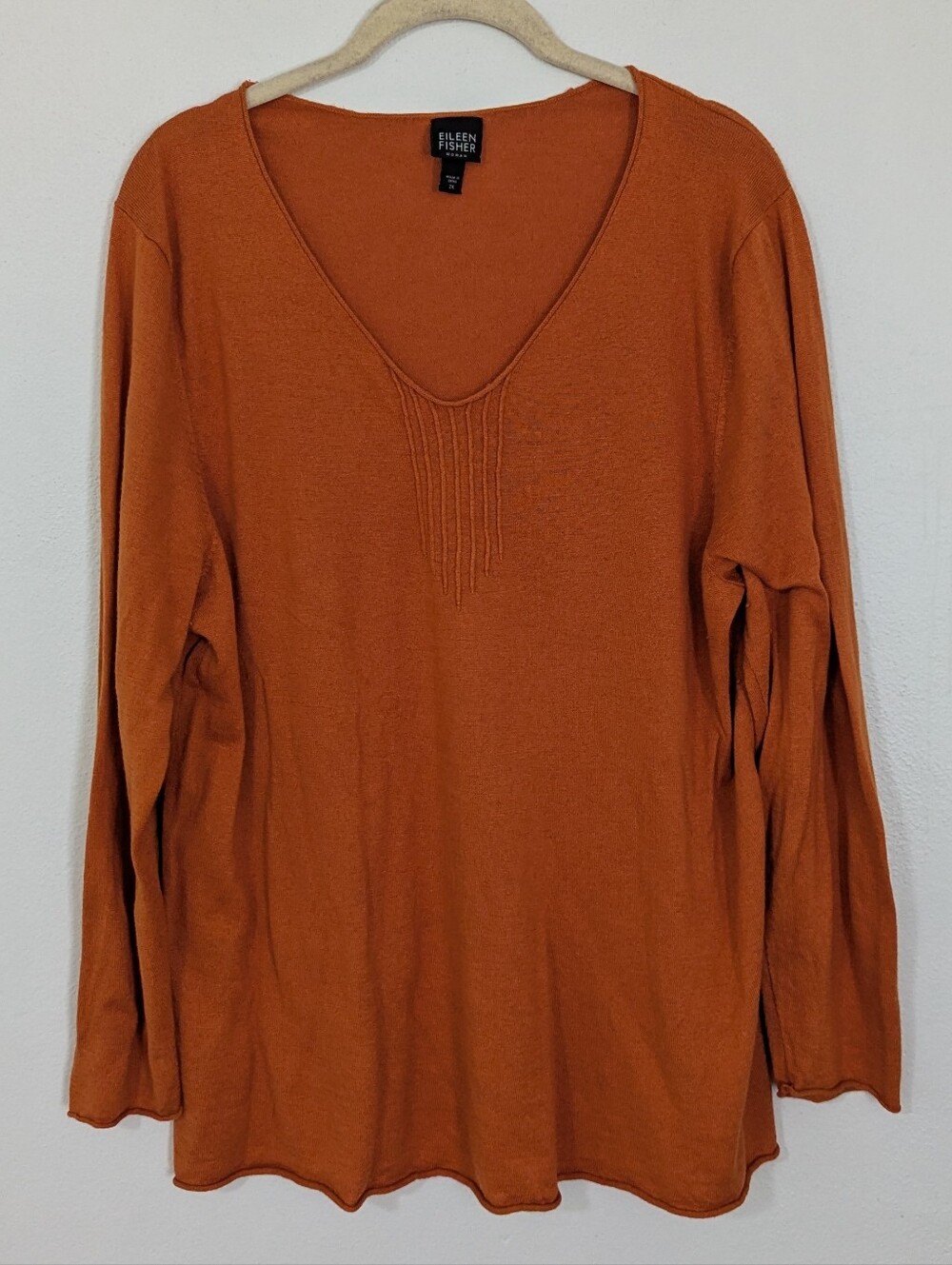 Eileen Fisher Silk Cashmere Blend V Neck Sweater Knit Pleated Orange 2X